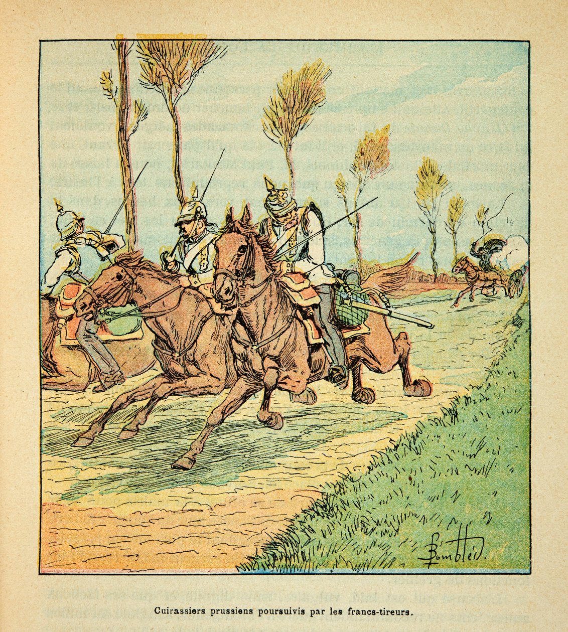 The Armee of the Loire af Eugene Sergent, kendt som Grenest, illustreret af Louis Bombled (1862-1927) (fransk-tyske krig; kampagne 1870 -1871): Preussiske kyrassere forfulgt af freicisterne i oktober 1870, Private Collectionswed av Louis Charles Bombled