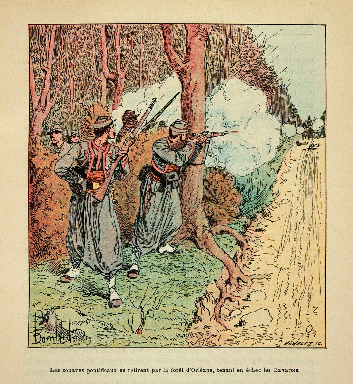 The Armee of the Loire av Eugene Sergent, känd som Grenest, illustrerad av Louis Bombled (1862-1927) (fransk-tyska kriget; kampanj 1870-1871): Kriget i Orleans, de påvliga zouaverna drog sig tillbaka genom skogen i Orleans med Bayern i schack på av Louis Charles Bombled