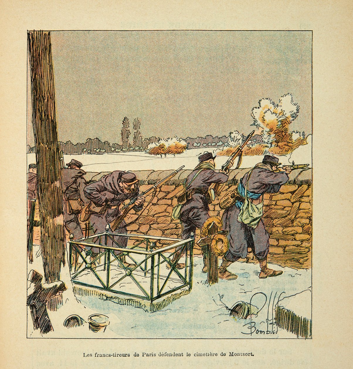 The Armee of the Loire av Eugene Sergent, känd som Grenest, illustrerad av Louis Bombled (1862-1927) (fransk-tyska kriget; kampanj 1870 -1871): De franska skyttarna i Paris försvarar kyrkogården i Montsort (Alencon) i januari 1871, Privat samling av Louis Charles Bombled