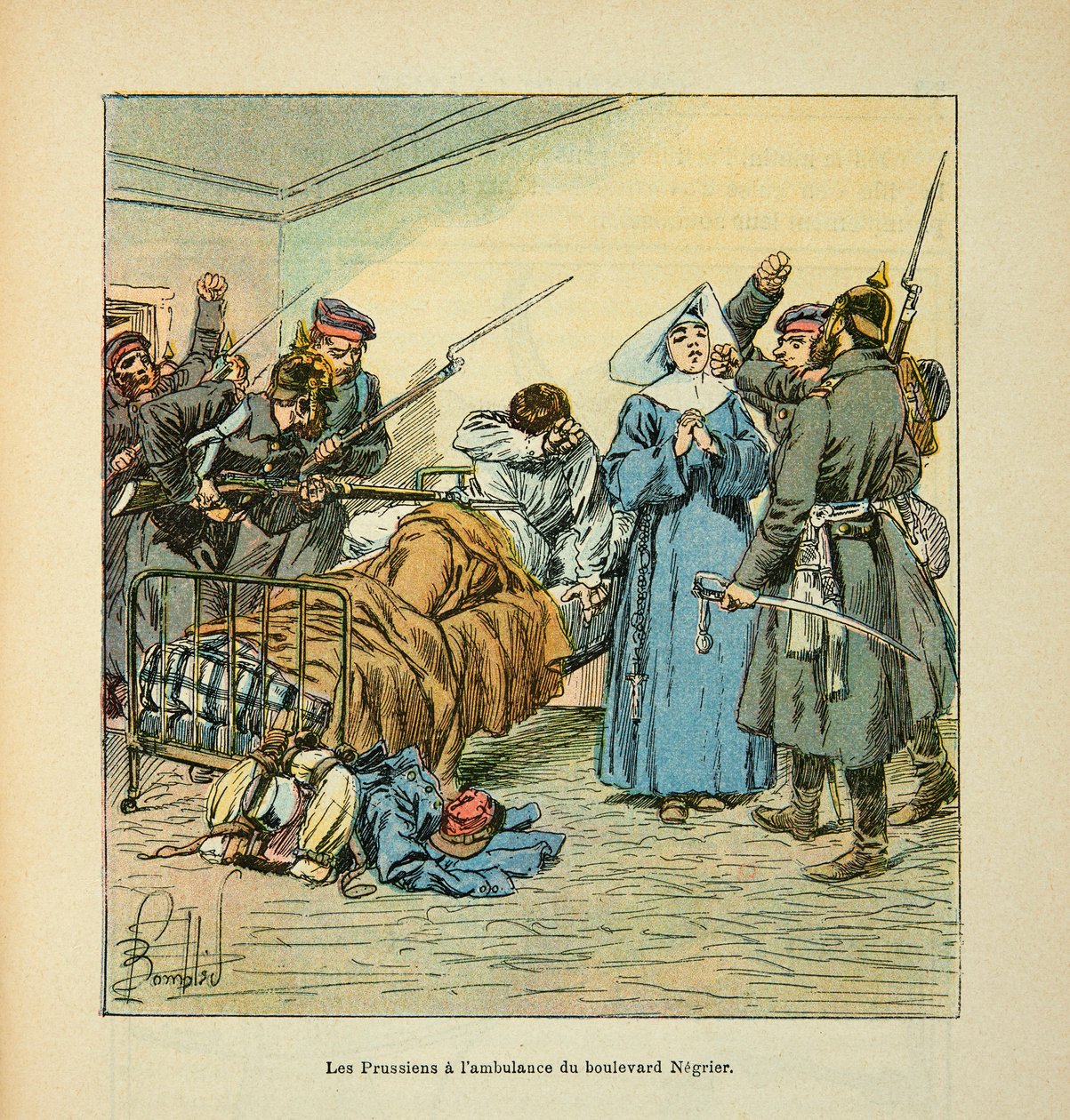 The Armee of the Loire av Eugene Sergent, känd som Grenest, illustrerad av Louis Bombled (1862-1927) (fransk-tyska kriget; kampanj 1870 -1871): Preussar vid ambulansen på Boulevard Negrier au Mans i januari 1871, privat samling av Louis Charles Bombled