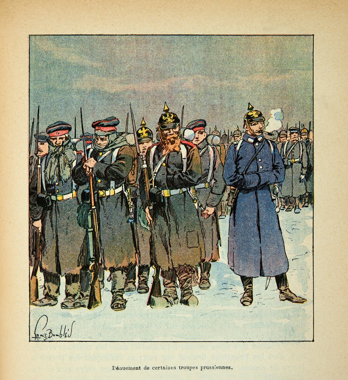 The Armee of the Loire av Eugene Sergent, känd som Grenest, illustrerad av Louis Bombled (1862-1927) (fransk-tyska kriget; kampanj 1870 -1871): Denuering av några preussiska trupper 1870, privat samling av Louis Charles Bombled