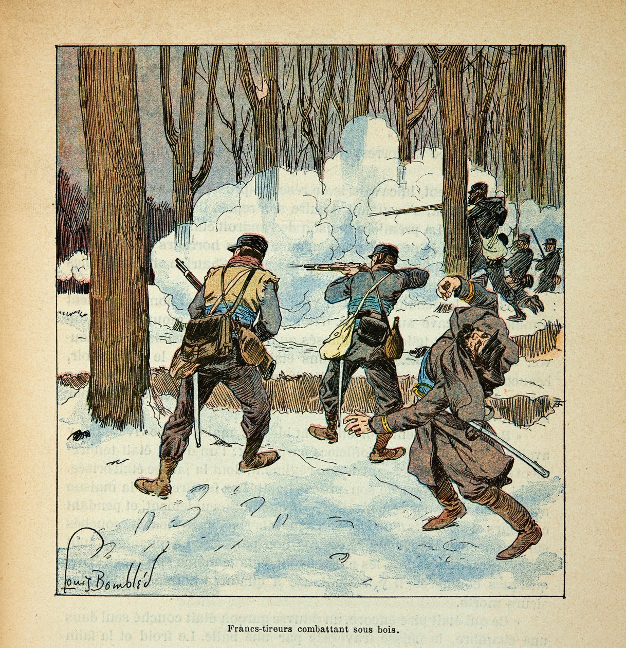 The Armee of the Loire av Eugene Sergent, känd som Grenest, illustrerad av Louis Bombled (1862-1927) (Frankisk-tyska kriget; kampanj 1870 -1871): Francs skyttar Fransk kämpe under trä, privat samling av Louis Charles Bombled
