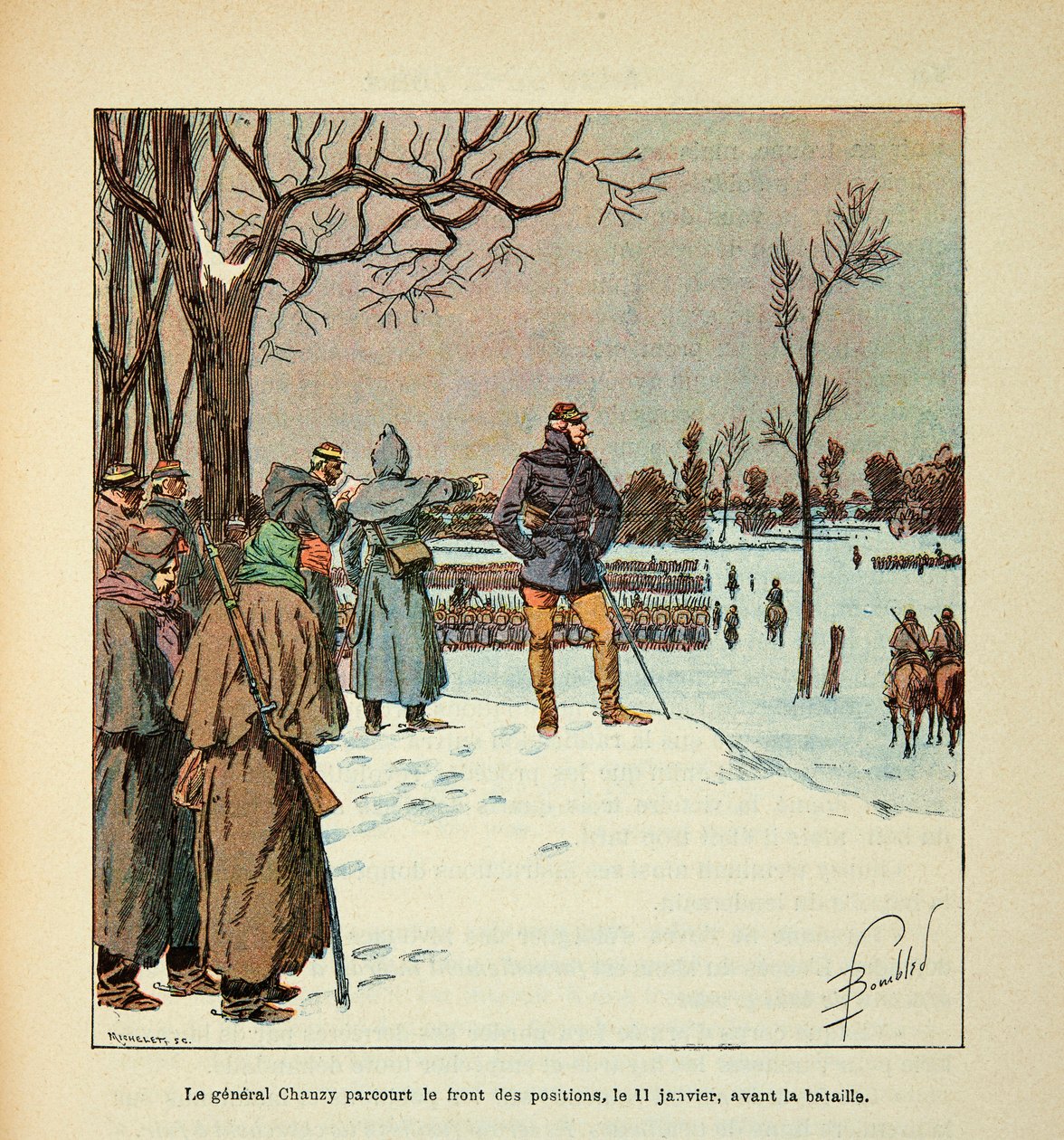 The Armee of the Loire av Eugene Sergent, känd som Grenest, illustrerad av Louis Bombled (1862-1927) (fransk-tyska kriget; kampanj 1870 -1871): General Chanzy reser fram i positionerna den 11 januari före slaget, menig Samling av Louis Charles Bombled