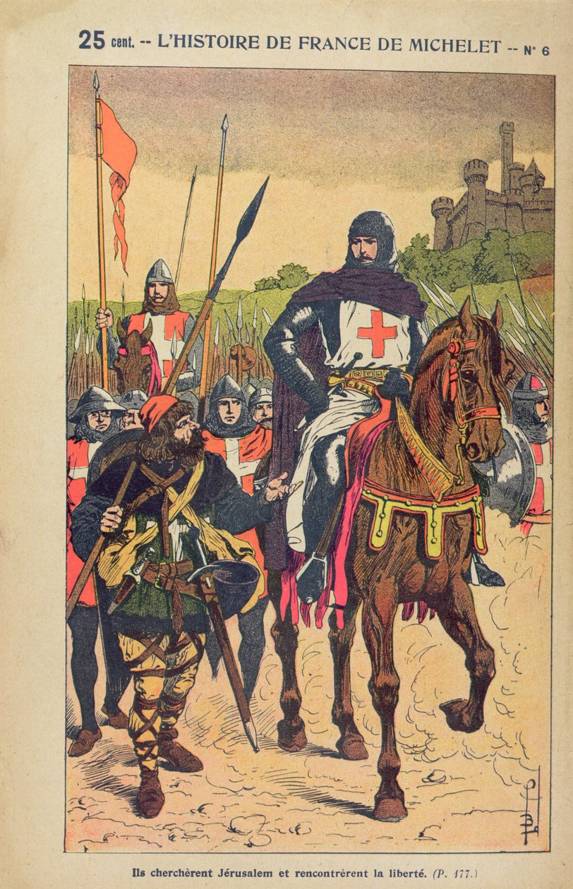 Avfärd till korstågen, illustration ur "Histoire de France" av Jules Michelet (1798-1874), omkring 1900. av Louis Charles Bombled