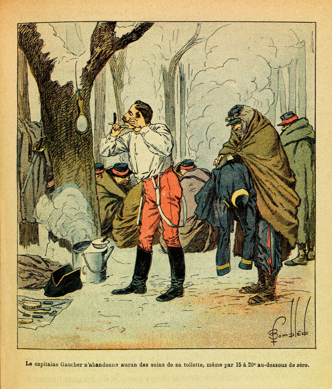 The Eastern Armee of Eugene Sergeant, dit Grenest, illustrerad av Louis Bombled (1862-1927) (fransk-tyska kriget; kampanj 1870-1871): Kapten Gaucher ger inte upp någonting av skötseln av sin toalett ens i mitten av vinter, Privat samling av Louis Charles Bombled