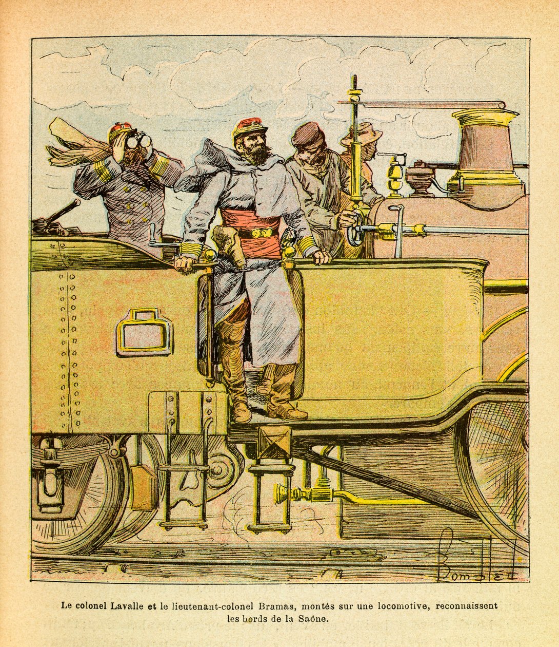 The Eastern Armee of Eugene Sergeant, dit Grenest, illustrerad av Louis Bombled (1862-1927) (fransk-tyska kriget; kampanj 1870-1871): I december 1870 erkände överste Lavalle och överstelöjtnant Bramas monterade på ett lokomotiv bankernas stränder. Saone av Louis Charles Bombled