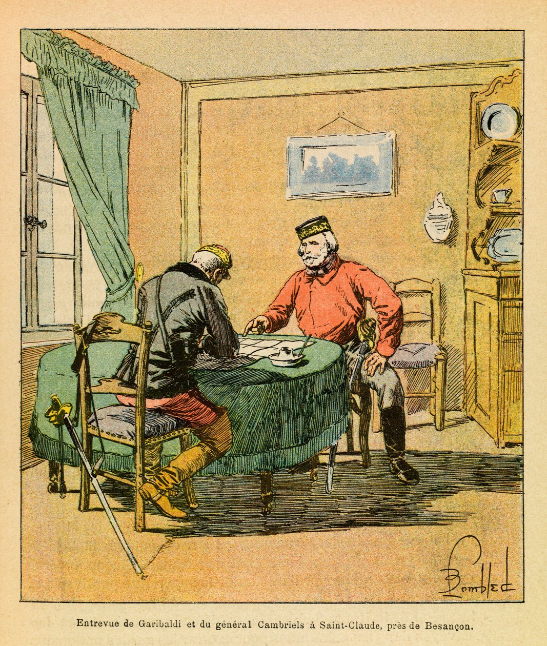 The Eastern Armee of Eugene Sergeant, dit Grenest, illustrerad av Louis Bombled (1862-1927) (fransk-tyska kriget; kampanj 1870-1871): Intervju av Garibaldi och general Cambriels vid Saint Claude nära Besancon i oktober 1870, privat samling av Louis Charles Bombled