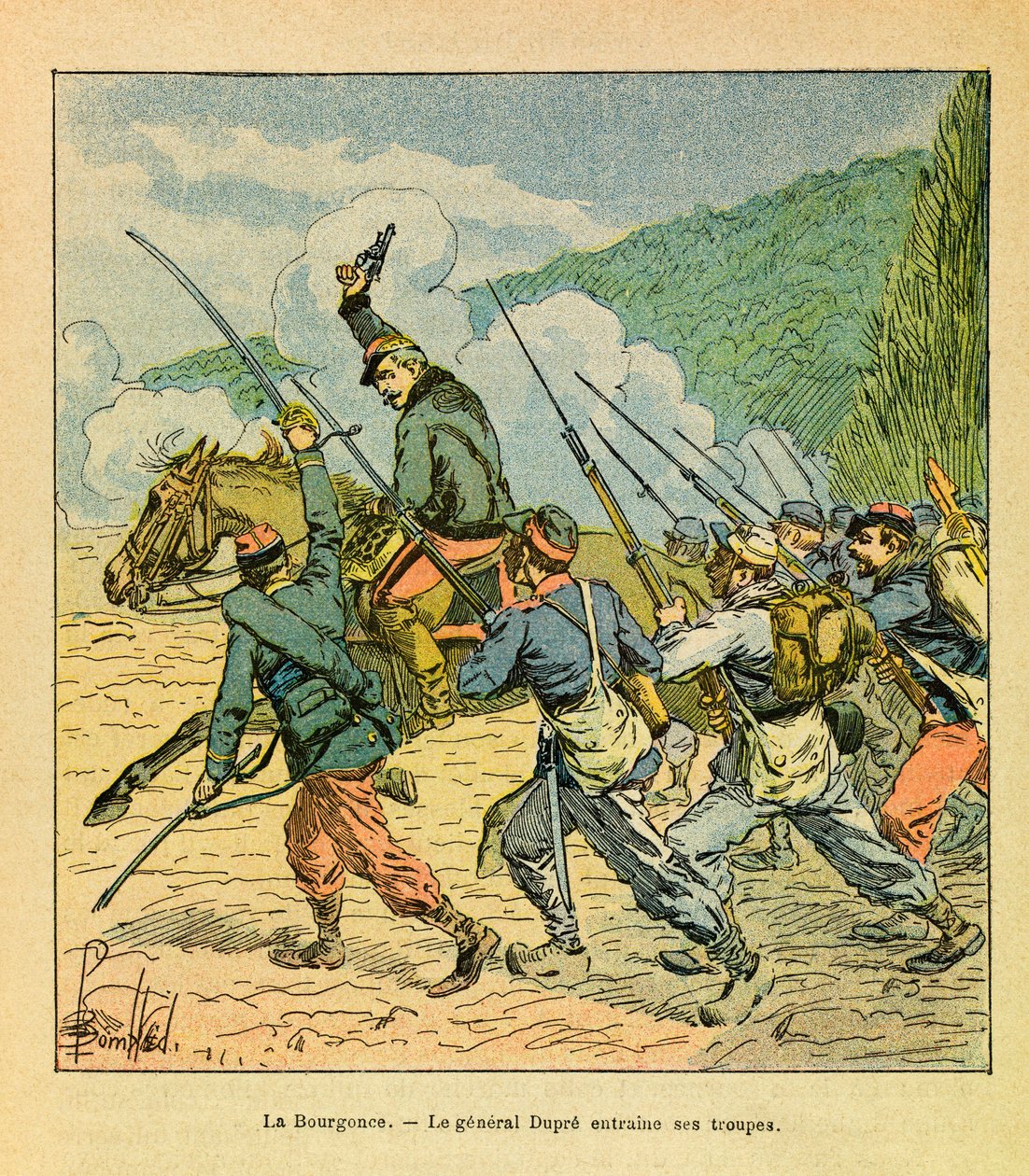 The Eastern Armee of Eugene Sergeant, dit Grenest, illustrerad av Louis Bombled (1862-1927) (fransk-tyska kriget; kampanj 1870-1871): General Dupre har chefen för sina män i slaget vid La Bourgonce i oktober 1870, Privat samling av Louis Charles Bombled