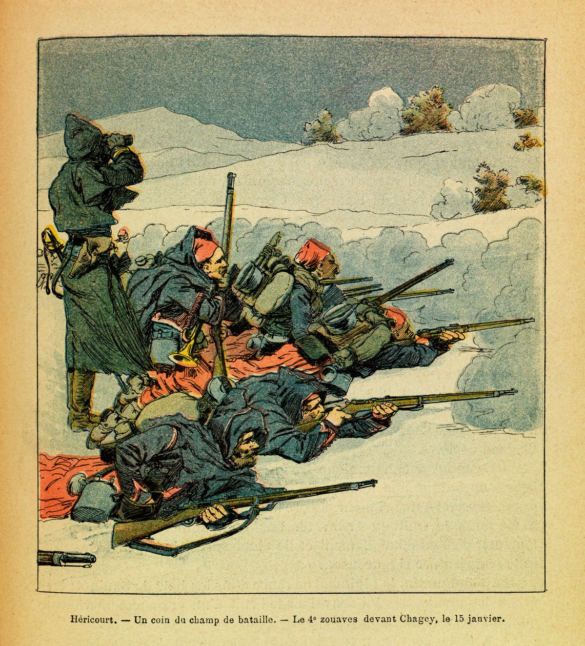 The Eastern Armee of Eugene Sergeant, dit Grenest, illustreret af Louis Bombled (1862-1927) (fransk-tyske krig; kampagne 1870-1871): Hericourt, et hjørne af slagmarken; den 4. Zouave før Chagey den 15. januar swed av Louis Charles Bombled
