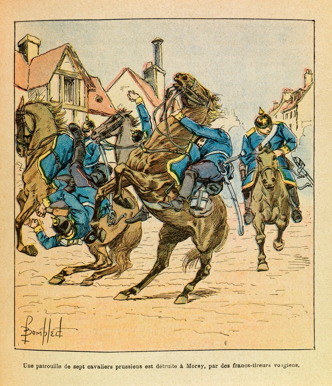 The Eastern Armee of Eugene Sergeant, dit Grenest, illustreret af Louis Bombled (1862-1927) (fransk-tyske krig; kampagne 1870-1871): I december 1870 blev en patrulje på syv preussiske ryttere ødelagt i Morey af vosgianske snigskytter, Særlige Collectionswe av Louis Charles Bombled