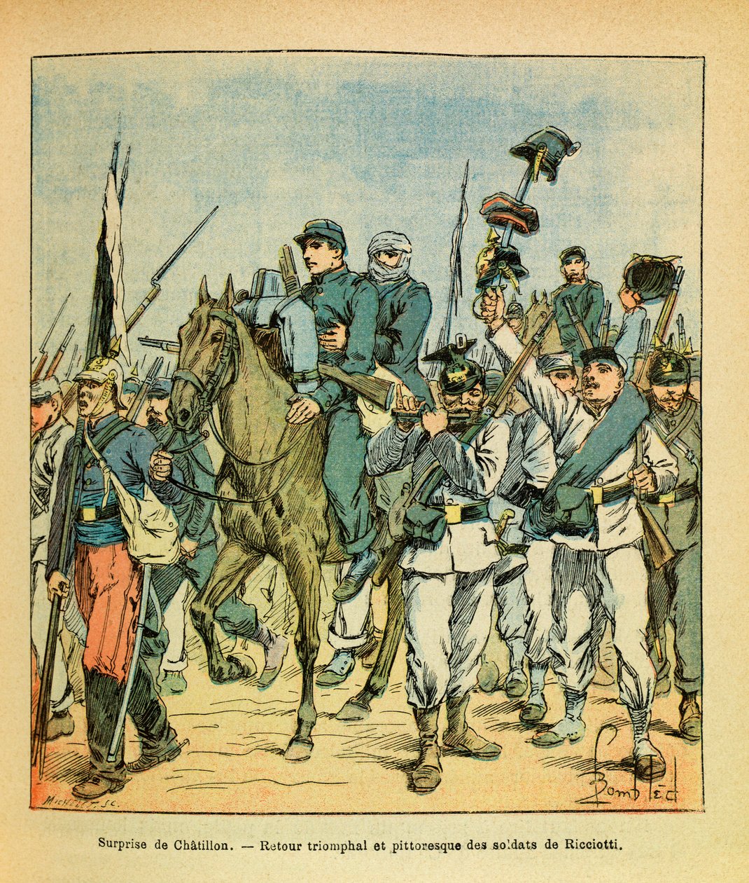 The Eastern Armee of Eugene Sergeant, dit Grenest, illustreret af Louis Bombled (1862-1927) (fransk-tyske krig; kampagne 1870-1871): Ricciottis tropper under slaget ved Chatillon sur Seine i november 1870, Private Collectionswed av Louis Charles Bombled