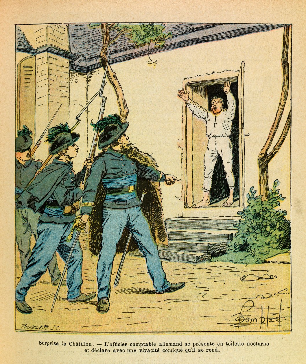 The Eastern Armee of Eugene Sergeant, dit Grenest, illustreret af Louis Bombled (1862-1927) (fransk-tyske krig; kampagne 1870 -1871): November 1870, I Chatillon sur Seine, fangede kaptajn Michard den tyske regnskabsfører på hotellet de la Cote dswed av Louis Charles Bombled