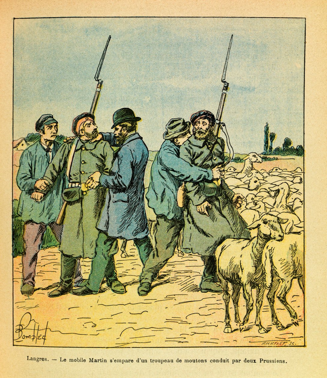 The Eastern Armee of Eugene Sergeant, dit Grenest, illustrerad av Louis Bombled (1862-1927) (fransk-tyska kriget; kampanj 1870 -1871): Martin-mobilen, förklädd till en bonde, grep en fårhjord ledd av två preussar till Langres i november 1870, Priv av Louis Charles Bombled