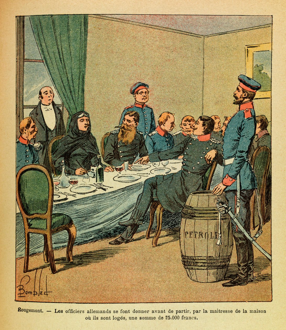 The Eastern Armee of Eugene Sergeant, dit Grenest, illustrerad av Louis Bombled (1862-1927) (fransk-tyska kriget; kampanj 1870 -1871): I Rougemont gavs de tyska officerarna innan de lämnade, av älskarinna i huset där de är loger, en summa av Louis Charles Bombled