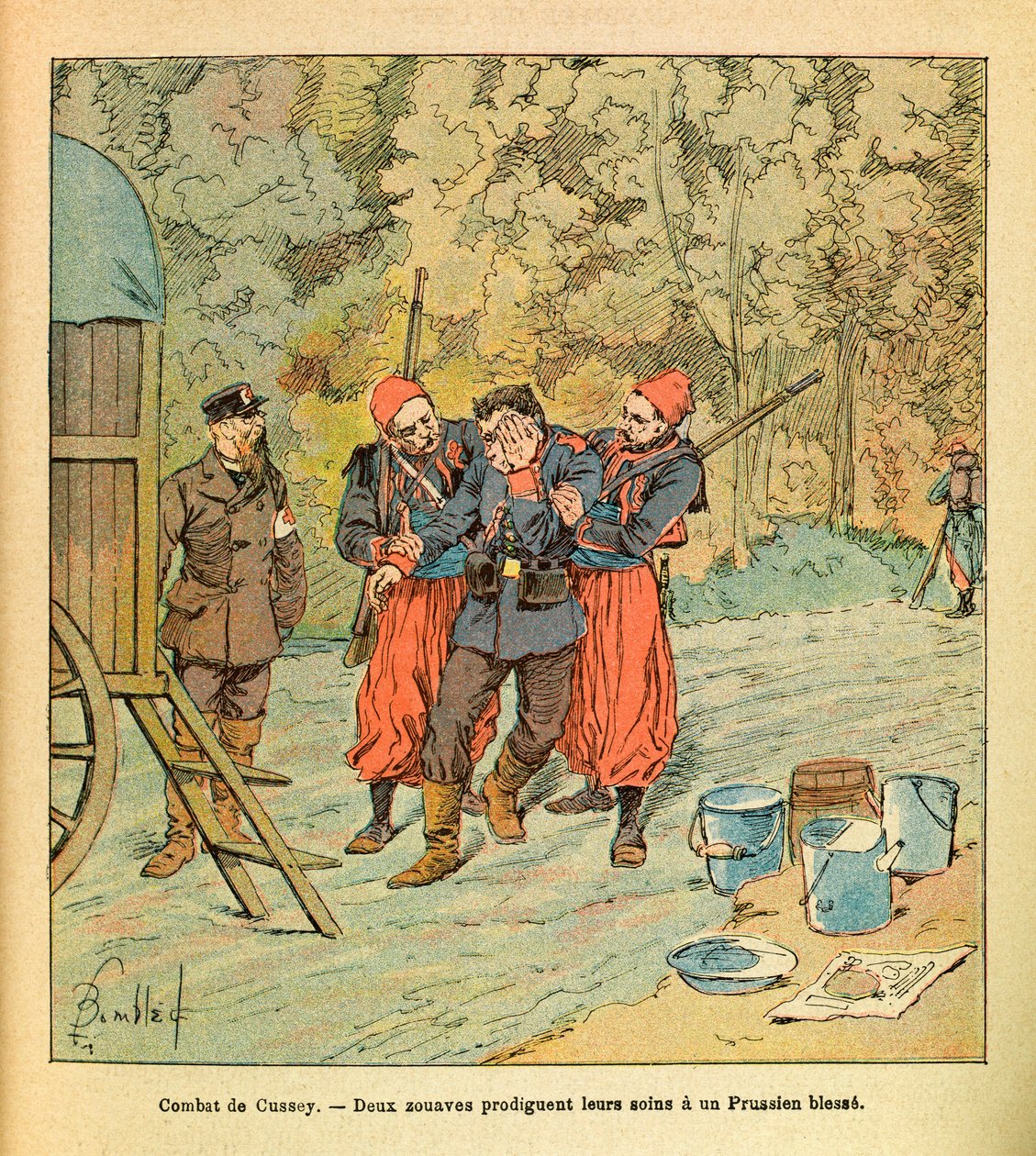 The Eastern Armee of Eugene Sergeant, dit Grenest, illustrerad av Louis Bombled (1862-1927) (fransk-tyska kriget; fälttåg 1870 -1871): Slaget vid Cussey, oktober 1870, två zouaver ger vård till en sårad preussare, insamling delvis av Louis Charles Bombled