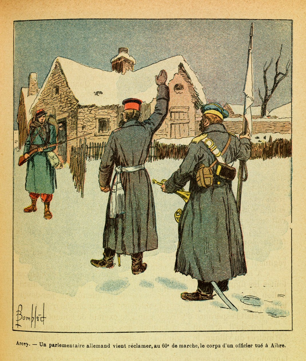 The Eastern Armee of Eugene Sergeant, dit Grenest, illustrerad av Louis Bombled (1862-1927) (fransk-tyska kriget; kampanj 1870 -1871): Januari 1871-Arcey, en tysk parlamentariker kommer för att återta kroppen vid den 60:e marschen av en officersmord i Aibr av Louis Charles Bombled