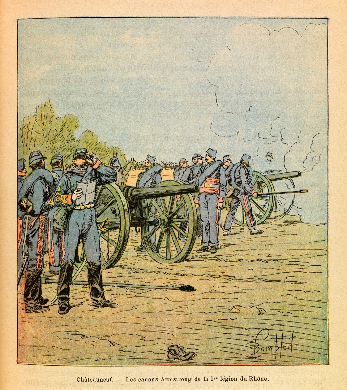 Eugene Sergeant, dit Grenest, östra armé, illustrerad av Louis Bombled (1862-1927) (fransk-tyska kriget; kampanjen 1870-1871): Framför Chateauneuf, Armstrongkanonerna från första legionen i Rhône i december 1870, privat samling. av Louis Charles Bombled