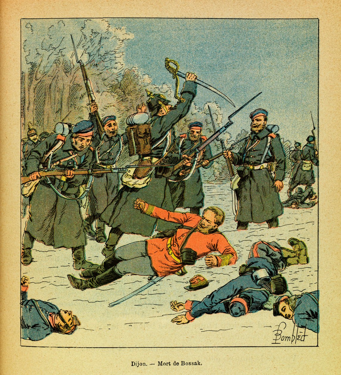 The Eastern Armee of Eugene Sergeant, dit Grenest, illustrerad av Louis Bombled (1862-1927) (fransk-tyska kriget; kampanj 1870-1871): General Bossak-Haukes död på platsen känd som "La Cap" av Louis Charles Bombled
