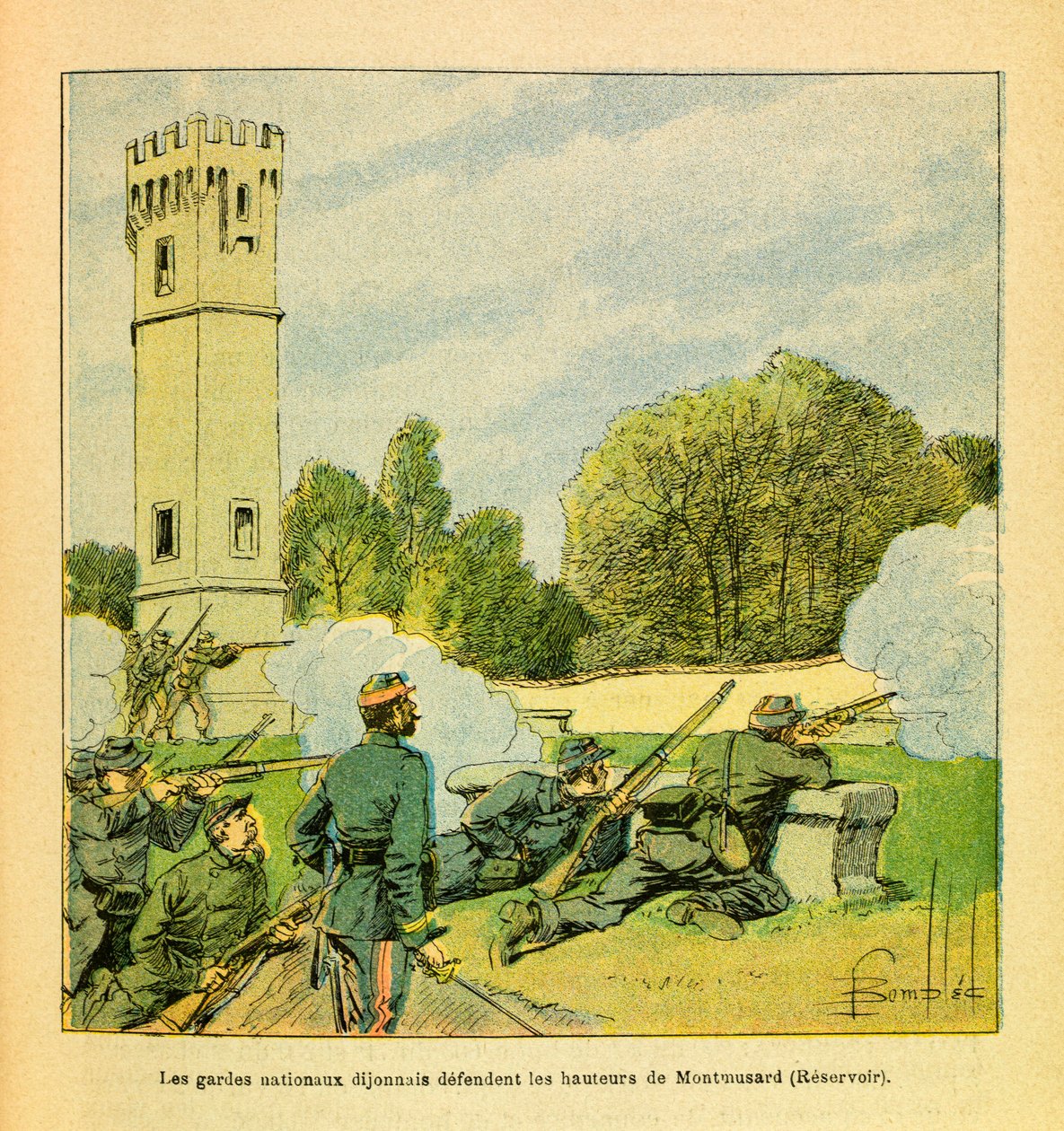The Eastern Armee of Eugene Sergeant, dit Grenest, illustrerad av Louis Bombled (1862-1927) (fransk-tyska kriget; kampanj 1870 -1871): Dijons försvar i oktober 1870, Dijonnais nationalgarde försvarar Montmusards höjder, privat Samling av Louis Charles Bombled
