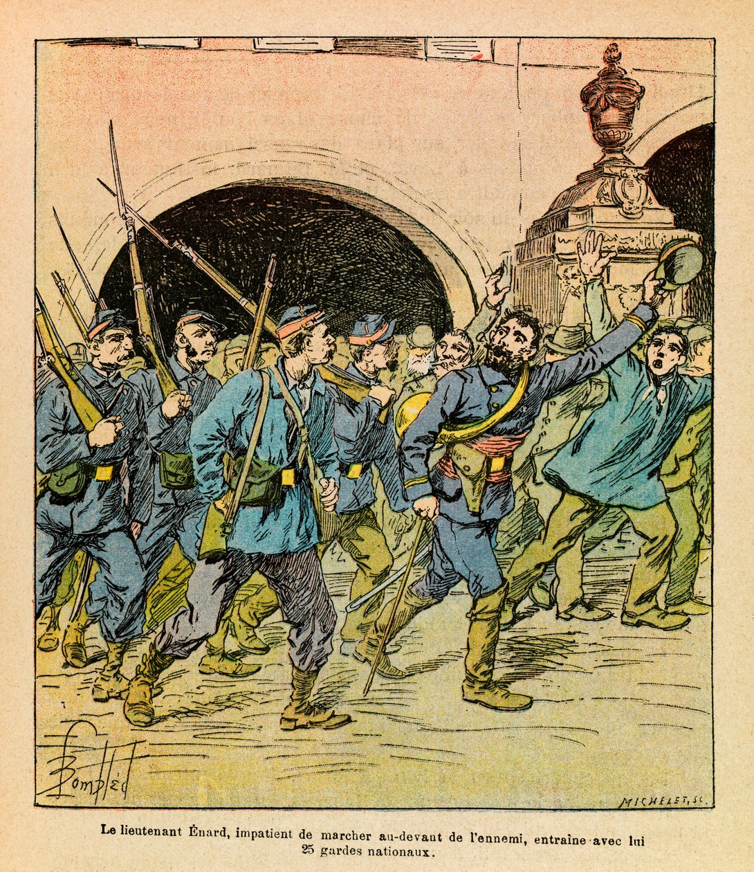 The Eastern Armee of Eugene Sergeant, dit Grenest, illustrerad av Louis Bombled (1862-1927) (fransk-tyska kriget; kampanj 1870-1871): Under striderna vid Epinal i oktober 1870 gick löjtnant Enard ivrigt att gå framför fienden ledde med honom Nati av Louis Charles Bombled
