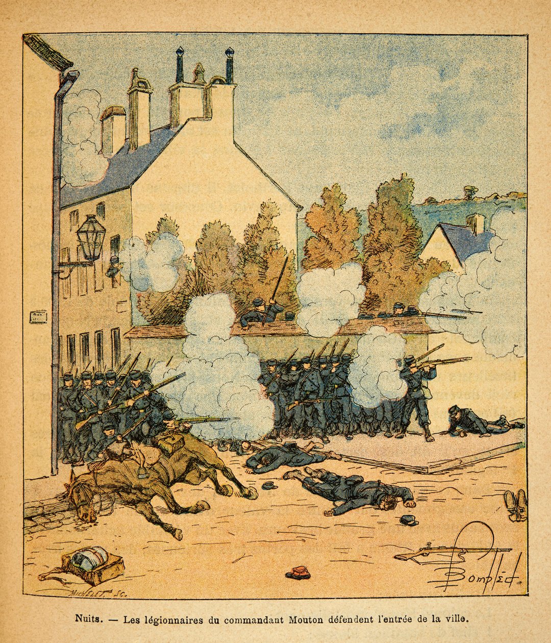 The Eastern Armee of Eugene Sergeant, känd som Grenest, illustrerad av Louis Bombled (1862-1927) (fransk-tyska kriget; kampanj 1870 -1871): Battle of Nights Saint Georges, befälhavaren Moutons legionärer försvarar ingången till staden , Privat Colle av Louis Charles Bombled