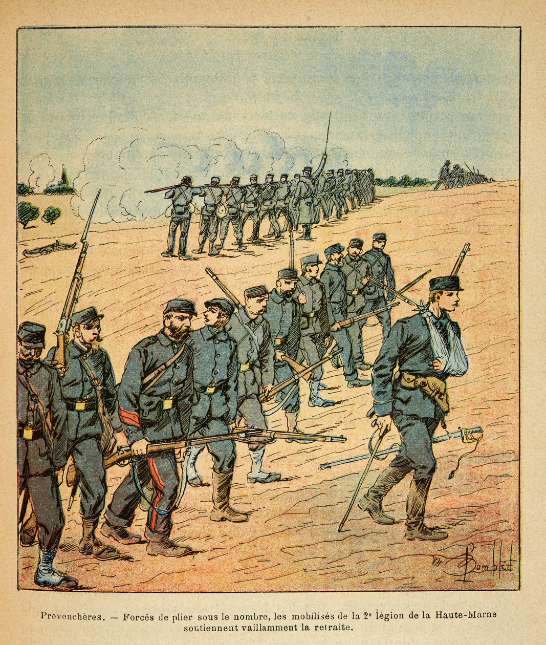 The Eastern Armee of Eugene Sergeant, känd som Grenest, illustrerad av Louis Bombled (1862-1927) (fransk-tyska kriget; kampanj 1870 -1871): I Provencheres tvingades mobiliseringarna av 2:a legionen av Upper Marne att dra sig tillbaka under antalet fiender av Louis Charles Bombled