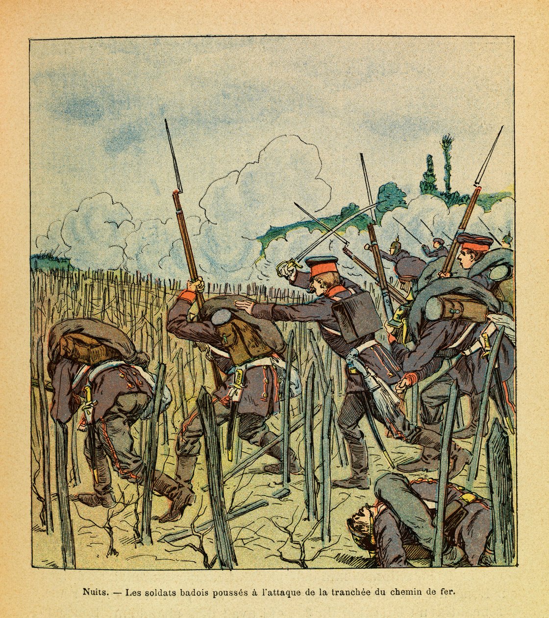 The Eastern Armee of Eugene Sergeant, känd som Grenest, illustrerad av Louis Bombled (1862-1927) (fransk-tyska kriget; kampanj 1870 -1871): Slaget vid nätterna Saint Georges; Badois-soldater attackerade sektionen av järnvägen i december 1870, menig Coll av Louis Charles Bombled