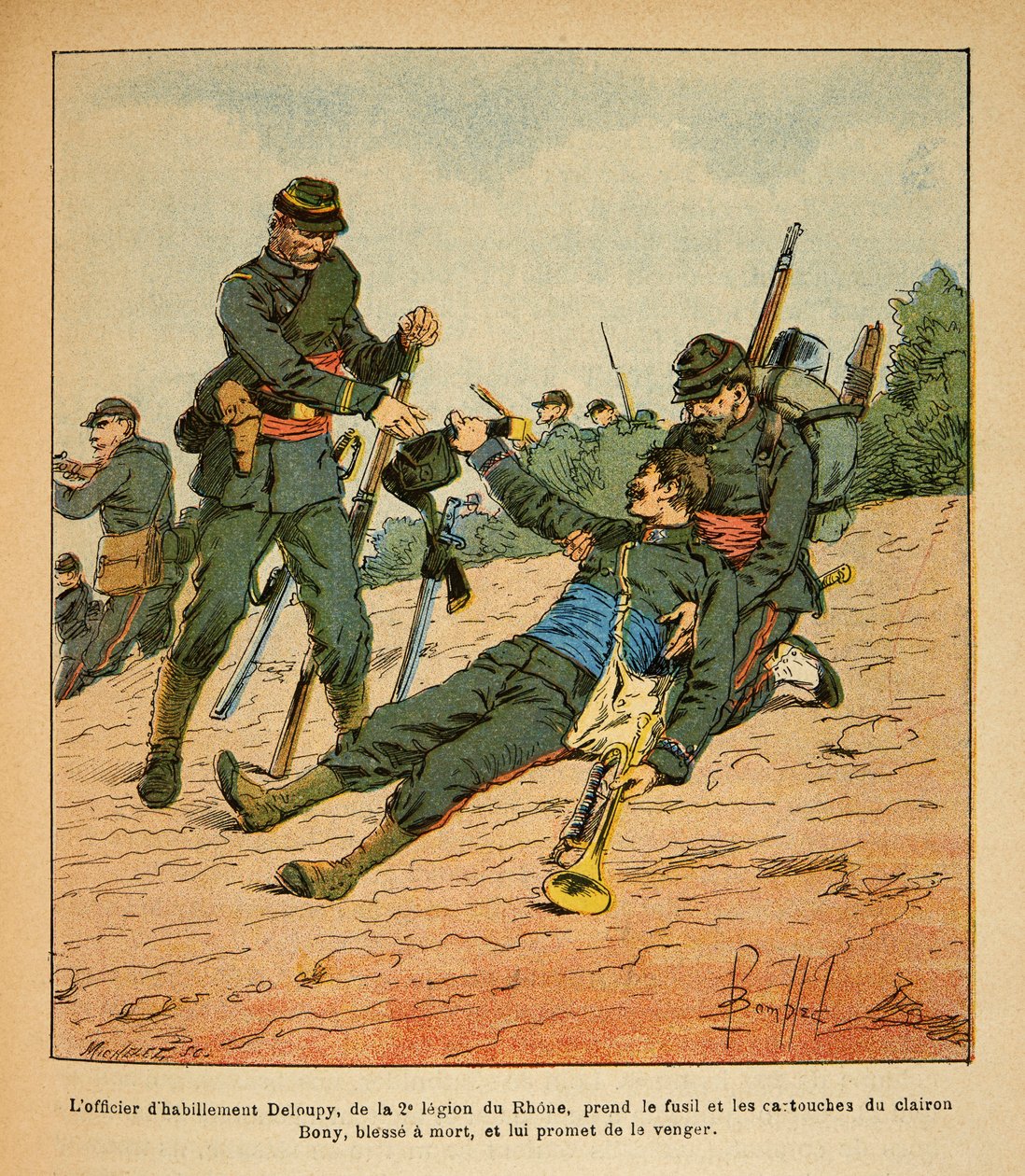 The Eastern Armee of Eugene Sergeant, känd som Grenest, illustrerad av Louis Bombled (1862-1927) (fransk-tyska kriget; kampanj 1870 -1871): Slaget vid Nuits Saint Georges, klädofficern Deloupy från 2:a legionen av Rhone tar geväret och av Louis Charles Bombled