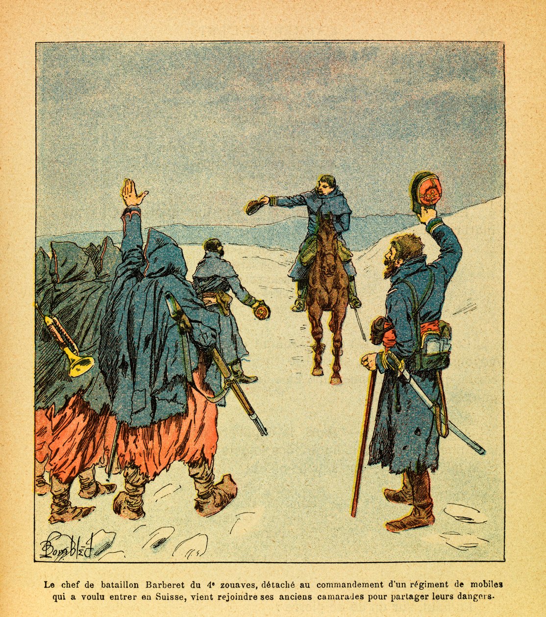 The Eastern Armee of Eugene Sergeant, känd som Grenest, illustrerad av Louis Bombled (1862-1927) (fransk-tyska kriget; fälttåg 1870 -1871): Ledaren för Barberet-bataljonerna i 4:e Zouaves, avgår för att leda ett regemente av mobil som ville av Louis Charles Bombled