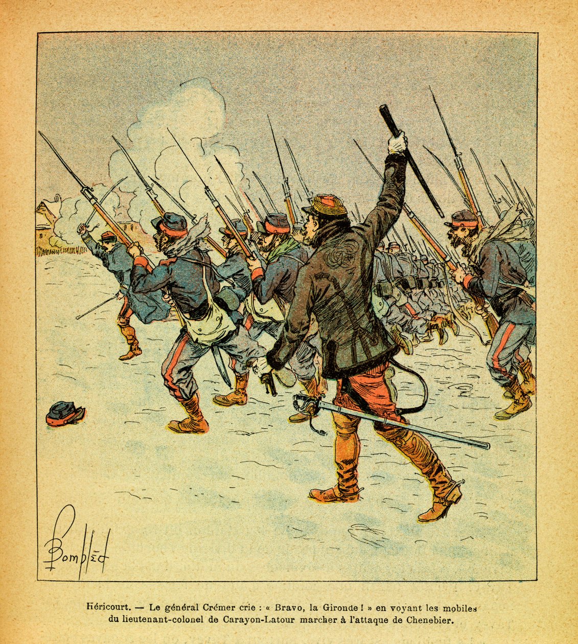 The Eastern Armee of Eugene Sergeant, känd som Grenest, illustrerad av Louis Bombled (1862-1927) (fransk-tyska kriget; kampanj 1870 -1871): Januari 1871, Hericourt, ropar general Cremer "Bravo, La Gironde" när han ser överstelöjtnantens motiv av Louis Charles Bombled