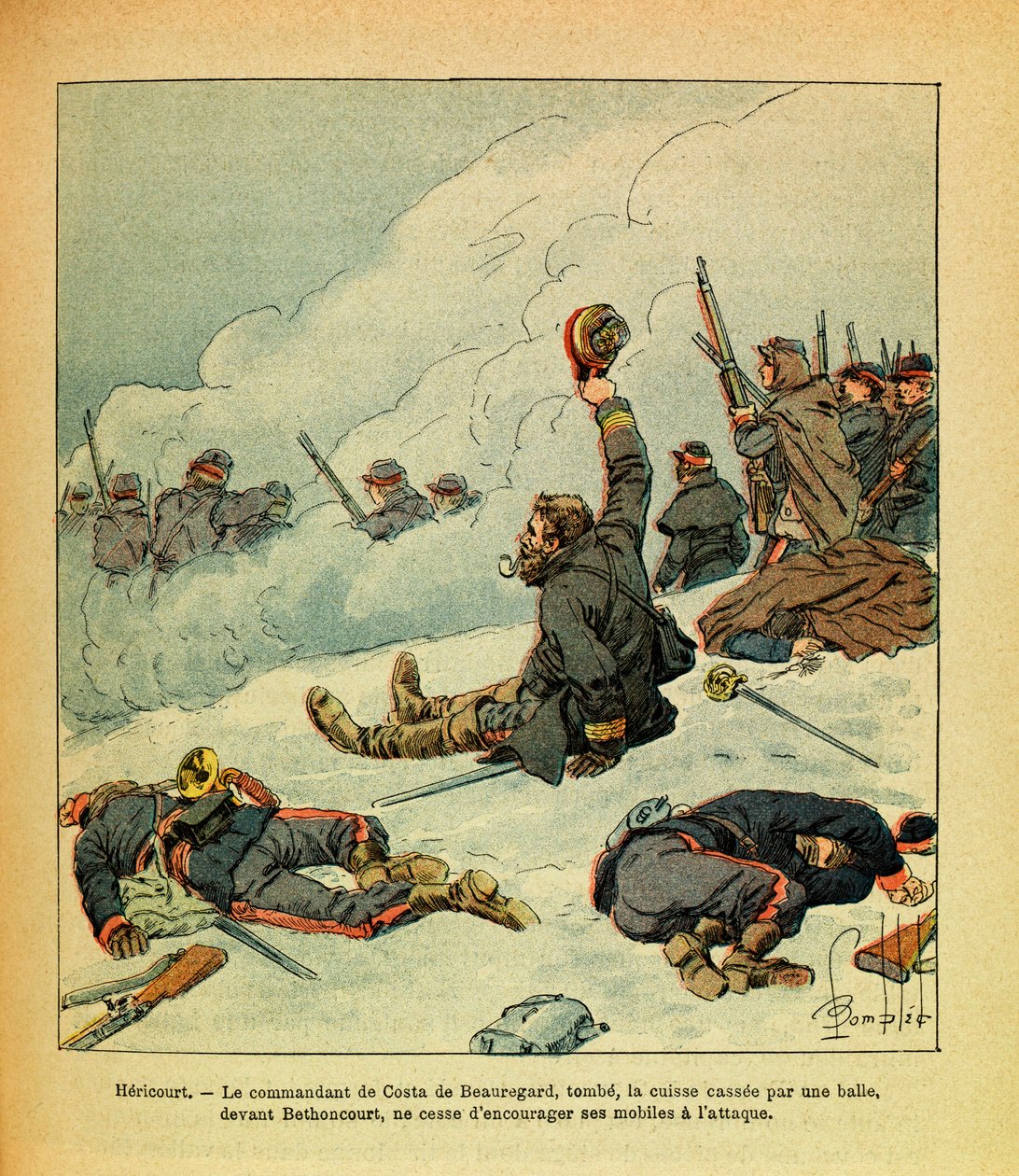 The Eastern Armee of Eugene Sergeant, känd som Grenest, illustrerad av Louis Bombled (1862-1927) (fransk-tyska kriget; kampanj 1870 -1871): Januari 1871, Hericourt, befälhavaren för Costa de Beauregard-faller hans lår bryter med en kula framför Bet av Louis Charles Bombled
