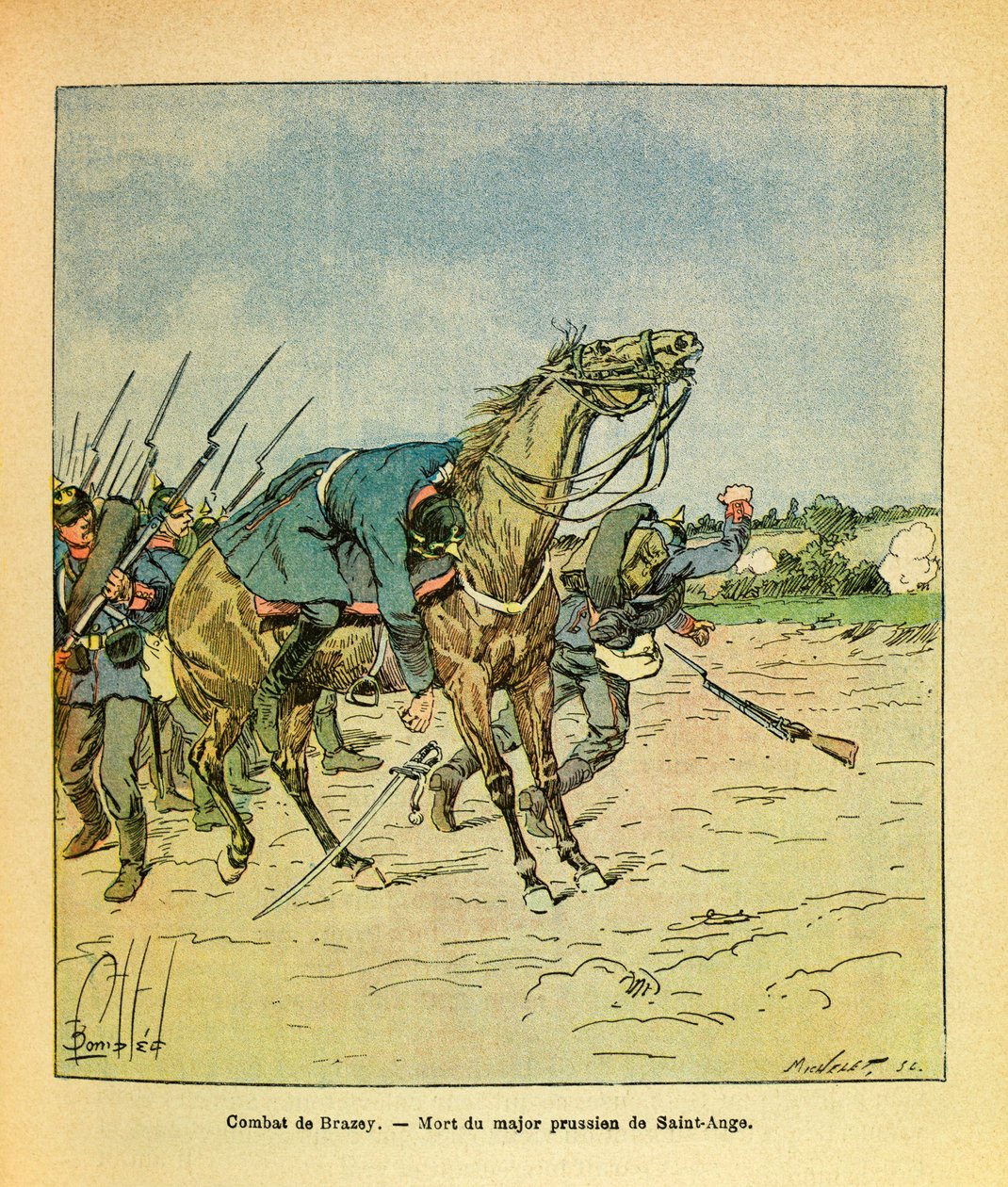 The Eastern Armee of Eugene Sergeant, känd som Grenest, illustrerad av Louis Bombled (1862-1927) (Frankisk-tyska kriget; kampanj 1870-1871): November 1870, under striderna vid Brazey, skjuts major Preussian Saint Ange ned, Privat samling av Louis Charles Bombled