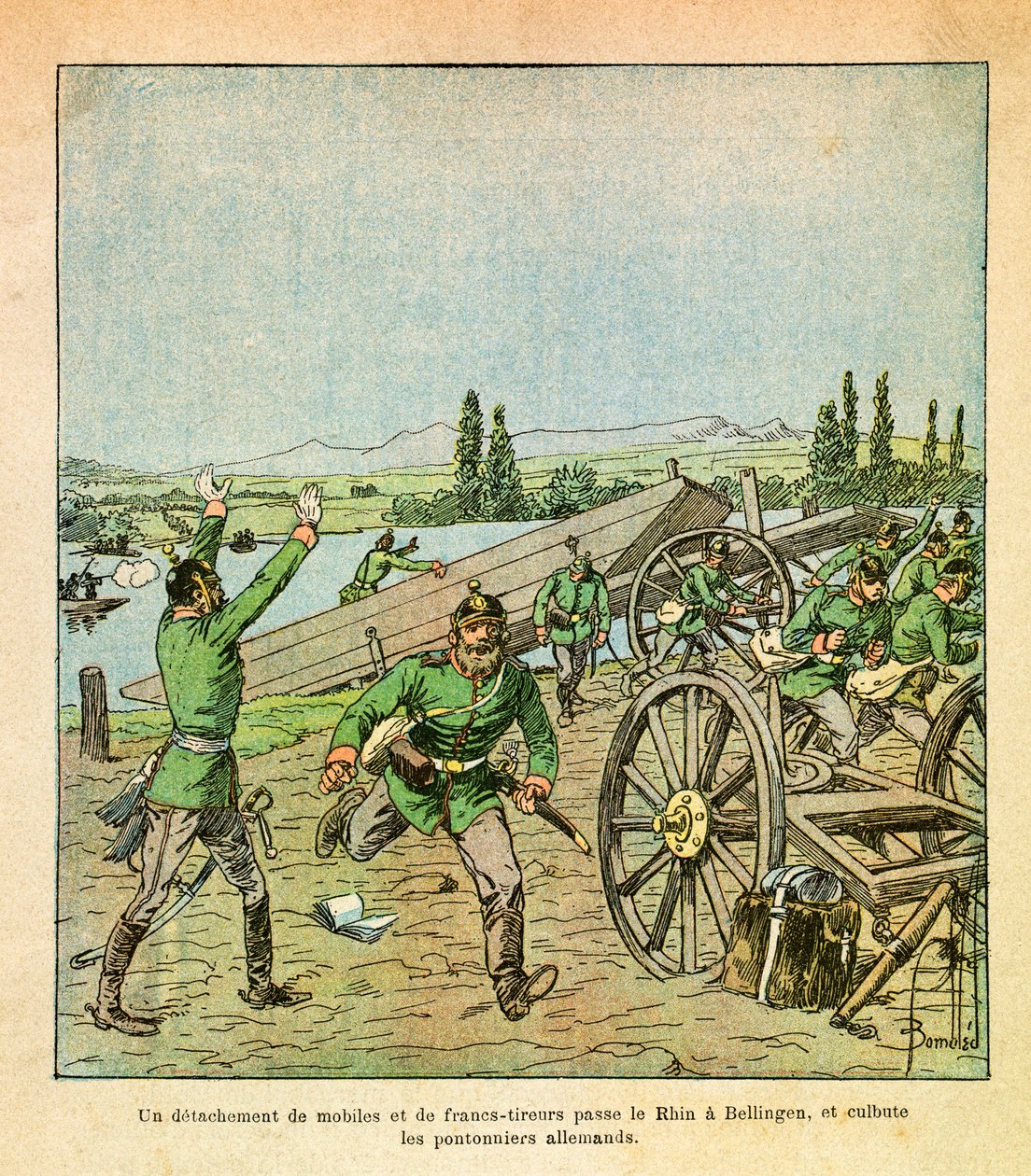 The Eastern Armee of Eugene Sergeant, känd som Grenest, illustrerad av Louis Bombled (1862-1927) (fransk-tyska kriget; kampanj 1870-1871): En avdelning av franska motiv och krypskyttar korsade Rhen och skakade de tyska broarbetarna, Privata Collecti av Louis Charles Bombled