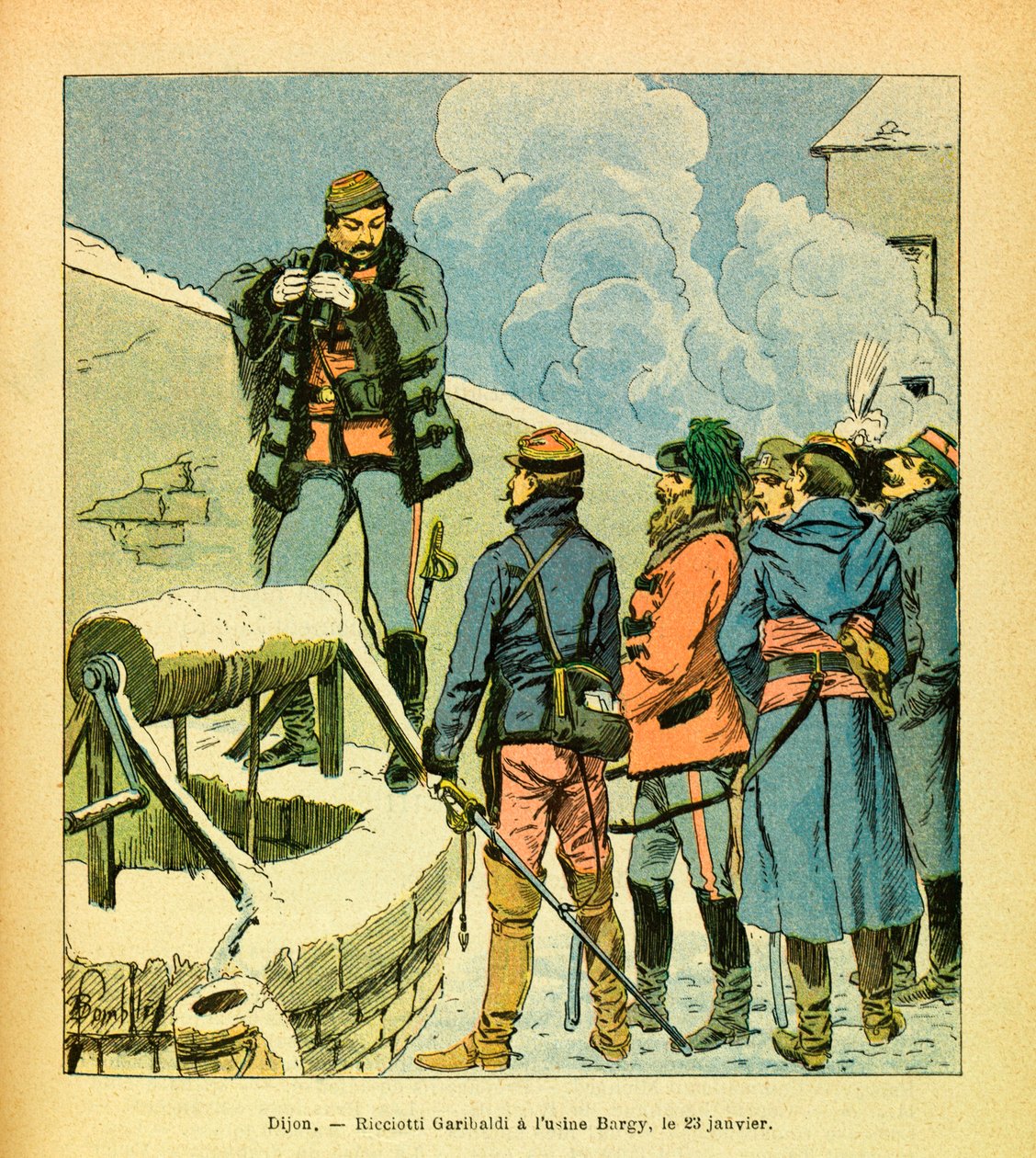 The Eastern Armee of Eugene Sergeant, känd som Grenest, illustrerad av Louis Bombled (1862-1927) (fransk-tyska kriget; kampanj 1870-1871): Dijon, Ricciotti Garibaldi vid Bargy-fabriken den 23 januari av Louis Charles Bombled
