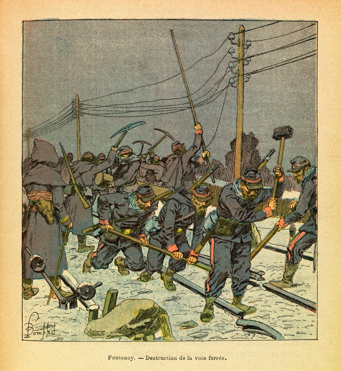 The Eastern Armee of Eugene Sergeant, kendt som Grenest, illustreret af Louis Bombled (1862-1927) (den fransk-tyske krig; kampagne 1870 -1871): Fontenoy, ødelæggelse af jernbanen, Private Collectionswed av Louis Charles Bombled