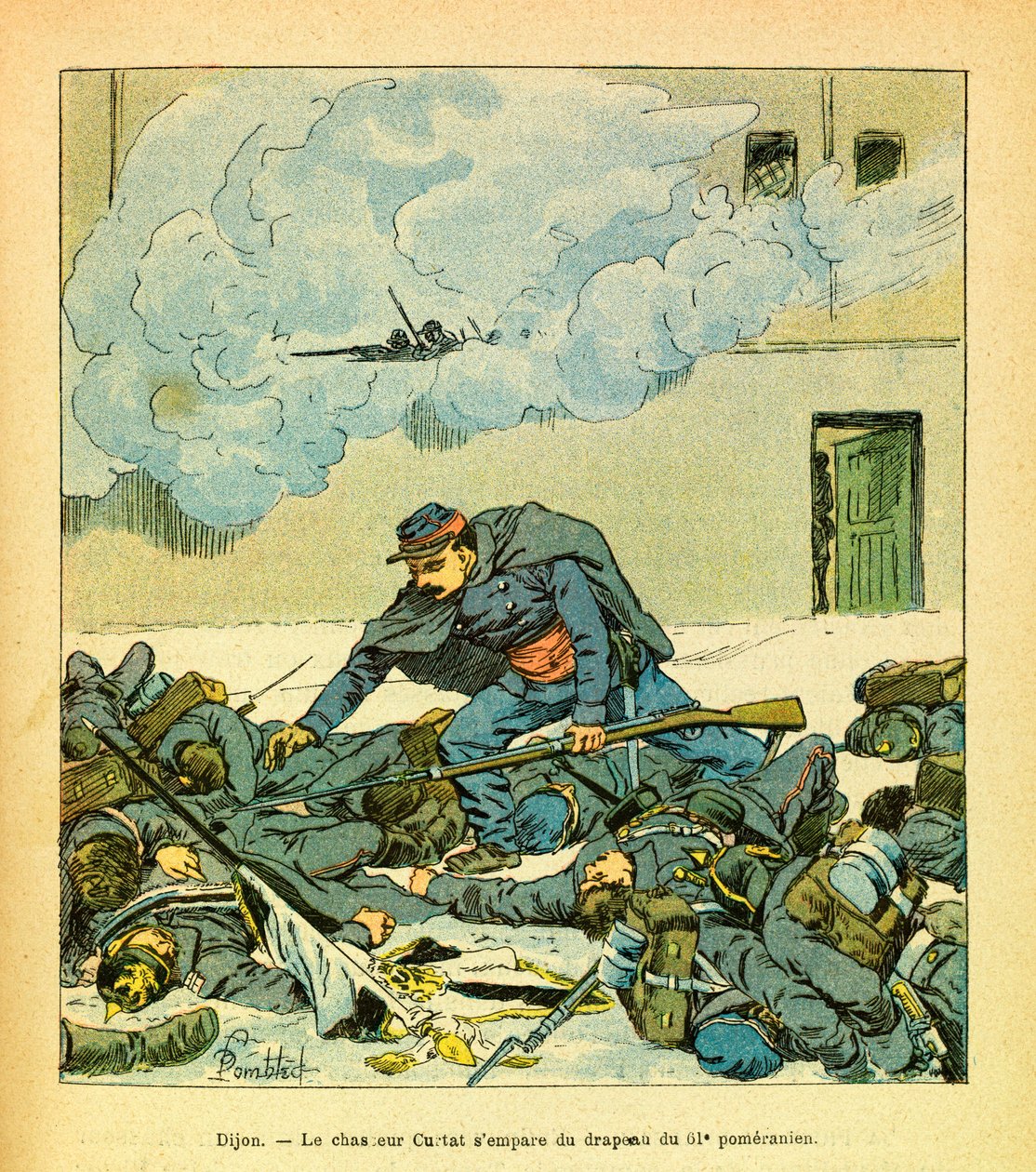 The Eastern Armee of Eugene Sergeant, känd som Grenest, illustrerad av Louis Bombled (1862-1927) (fransk-tyska kriget; kampanj 1870 -1871): Dijon, januari 1871, beslagtog jägaren Victor Curtat flaggan av 61 Pomeranian, privat Samling av Louis Charles Bombled
