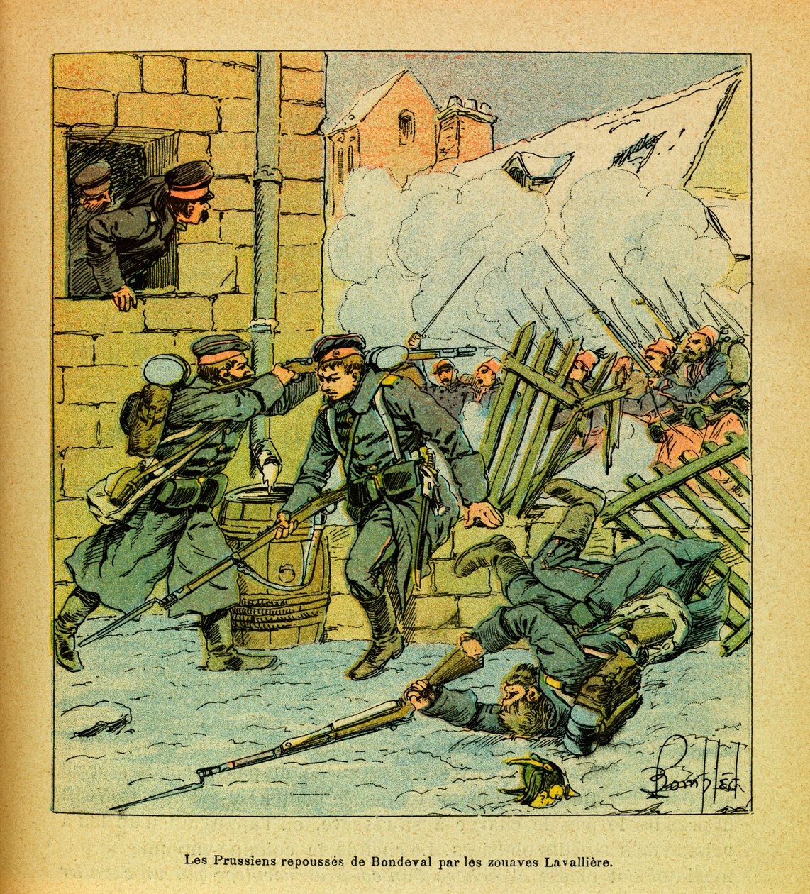 The Eastern Armee of Eugene Sergeant, kendt som Grenest, illustreret af Louis Bombled (1862-1927) (den fransk-tyske krig; kampagne 1870 -1871): Januar 1871 blev preusserne skubbet tilbage fra landsbyen Bondeval af Zouaves Lavalliere, Private Collectionswed av Louis Charles Bombled