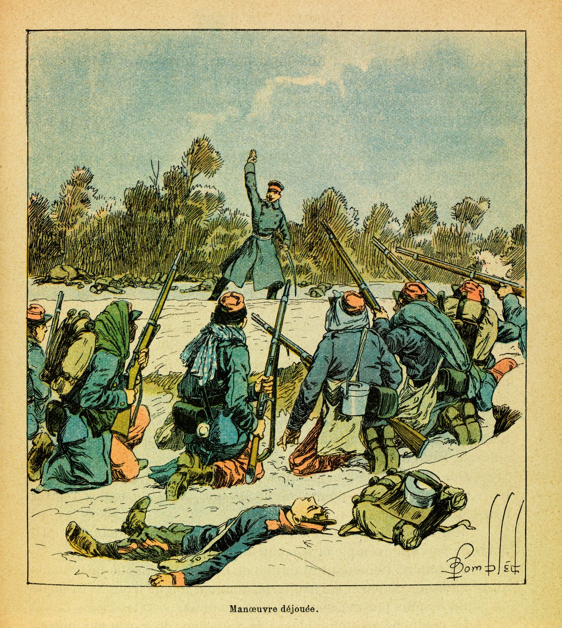 The Eastern Armee of Eugene Sergeant, känd som Grenest, illustrerad av Louis Bombled (1862-1927) (fransk-tyska kriget; kampanj 1870 -1871): januari 1871, Hericourt, fransmännen mot preussarna, privat samling av Louis Charles Bombled