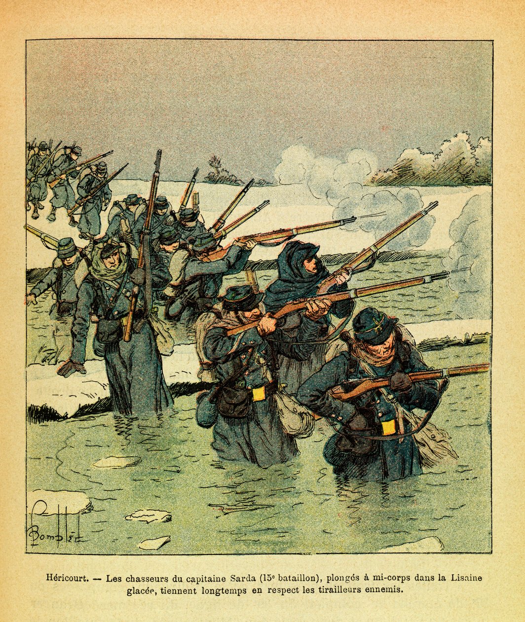 The Eastern Armee of Eugene Sergeant, känd som Grenest, illustrerad av Louis Bombled (1862-1927) (fransk-tyska kriget; kampanj 1870 -1871): Januari 1871, Hericourt, jägarna av kapten Sarda dyker halvkropp i isen Lisaine, håll dig länge fiende av Louis Charles Bombled