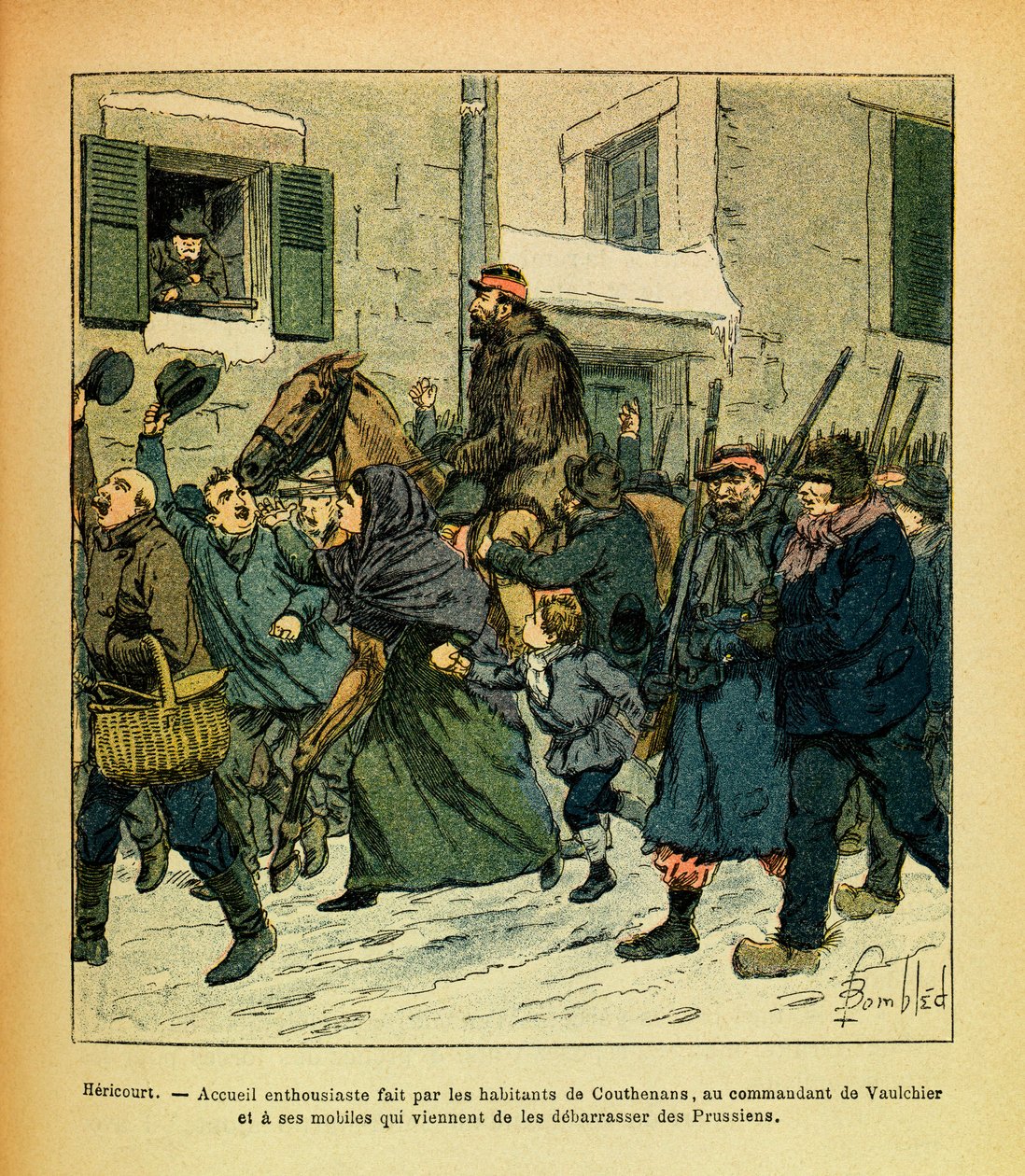 The Eastern Armee of Eugene Sergeant, känd som Grenest, illustrerad av Louis Bombled (1862-1927) (fransk-tyska kriget; kampanj 1870 -1871): Januari 1871, Hericourt, entusiasm framkallad av invånarna i Couthenans, till befälhavaren för Vaulchier och hans m av Louis Charles Bombled
