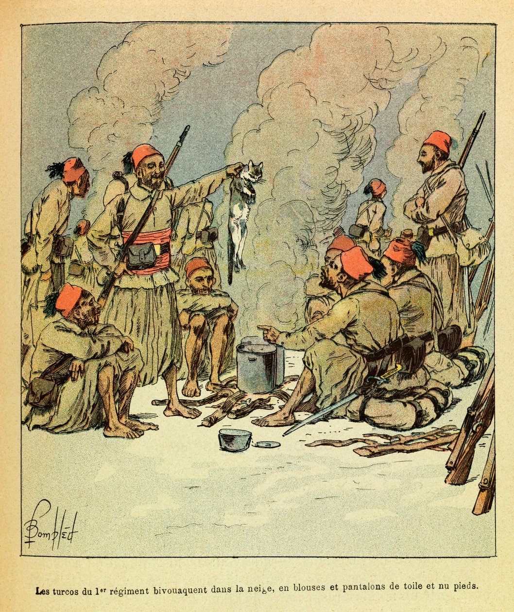 The Eastern Armee of Eugene Sergeant, kendt som Grenest, illustreret af Louis Bombled (1862-1927) (den fransk-tyske krig; kampagne 1870 -1871): Januar 1871, 1. regiments turcos bivuaenter i sneen, i bluser og bukser af lærred og bare feeswed av Louis Charles Bombled