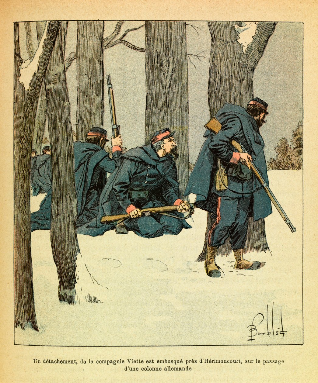 The Eastern Armee of Eugene Sergeant, kendt som Grenest, illustreret af Louis Bombled (1862-1927) (fransk-tyske krig; kampagne 1870 -1871): Januar 1871 blev en afdeling af Viette Company lagt i baghold nær Herimoncourt på passagen af en tysk kolonnesven av Louis Charles Bombled
