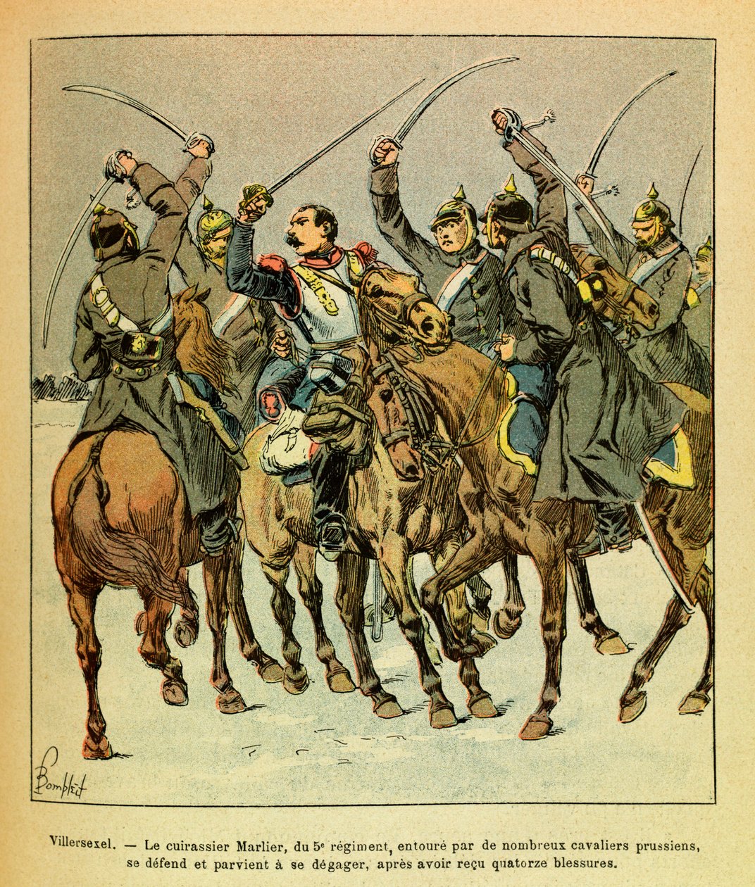 Eugene Sergeants östra armé, känd som Grenest, illustrerad av Louis Bombled (1862-1927) (fransk-tyska kriget; kampanjen 1870-1871): Under slaget vid Villersexel lyckades slagskeppet Marlier från 5:e regementet, som var omringat av preussarna, att av Louis Charles Bombled