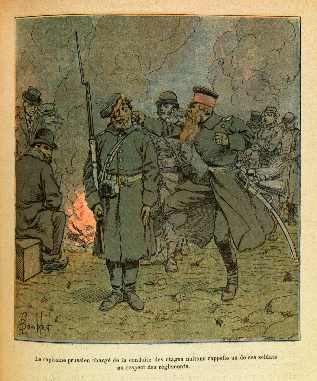 The Eastern Armee of Eugene Sergeant, känd som Grenest, illustrerad av Louis Bombled (1862-1927) (fransk-tyska kriget; kampanj 1870-1871): En preussisk kapten med ansvar för uppförandet av gisslan av Nuits Saint Georges påminner om en av hans soldater i c av Louis Charles Bombled