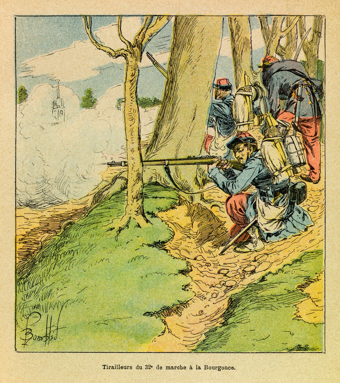 The Eastern Armee of Eugene Sergeant, känd som Grenest, illustrerad av Louis Bombled (1862-1927) (fransk-tyska kriget; kampanj 1870-1871): Under order av general Dupre, en skoare från den 32:a marschen i slaget vid La Bourgonce i oktober 1870, Priva av Louis Charles Bombled