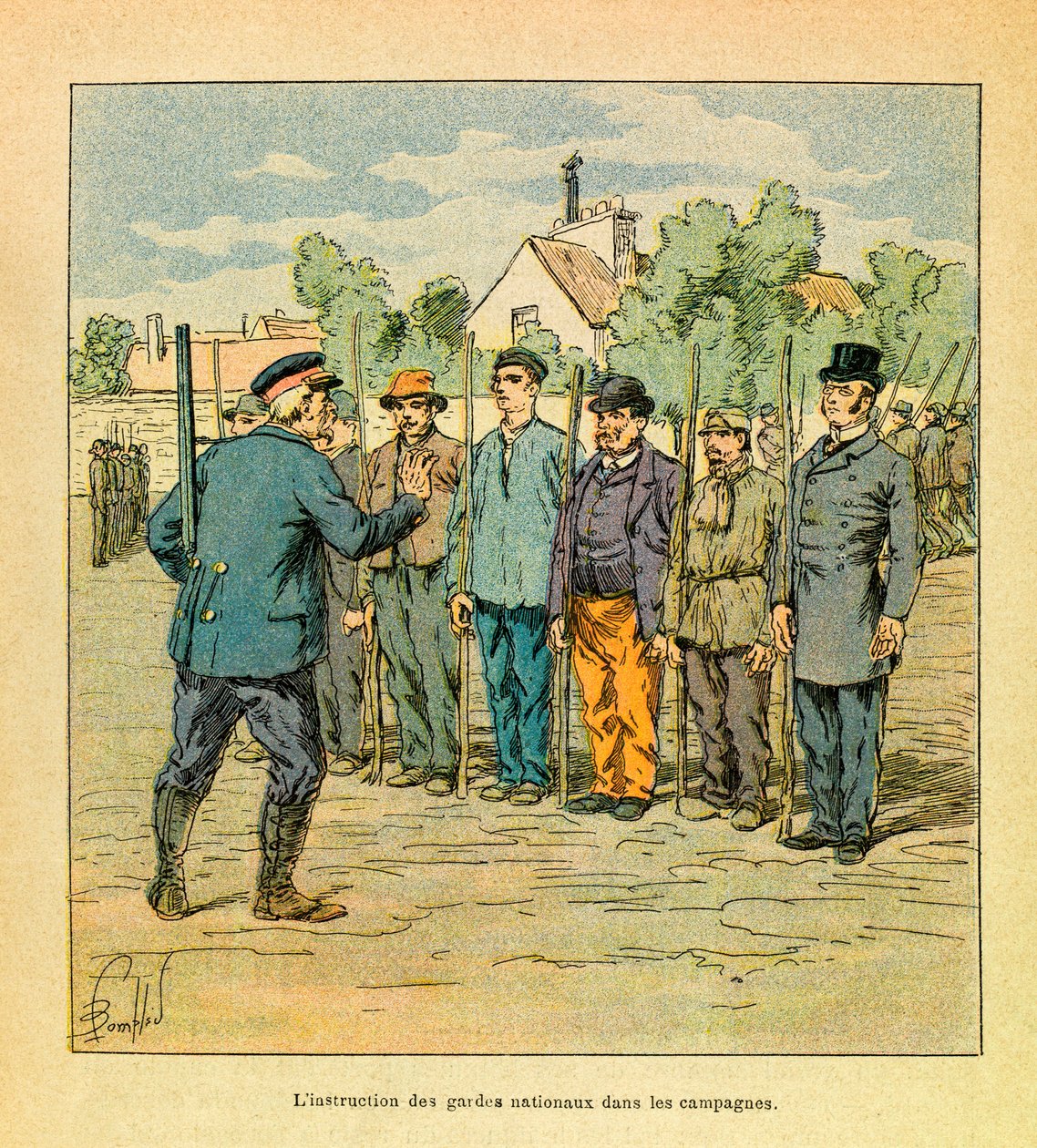 The Eastern Armee of Eugene Sergeant, känd som Grenest, illustrerad av Louis Bombled (1862-1927) (Frankisk-tyska kriget; kampanj 1870 -1871): Utbildning av nationella gardister i kampanjerna för att försvara territoriet, Privat samling av Louis Charles Bombled