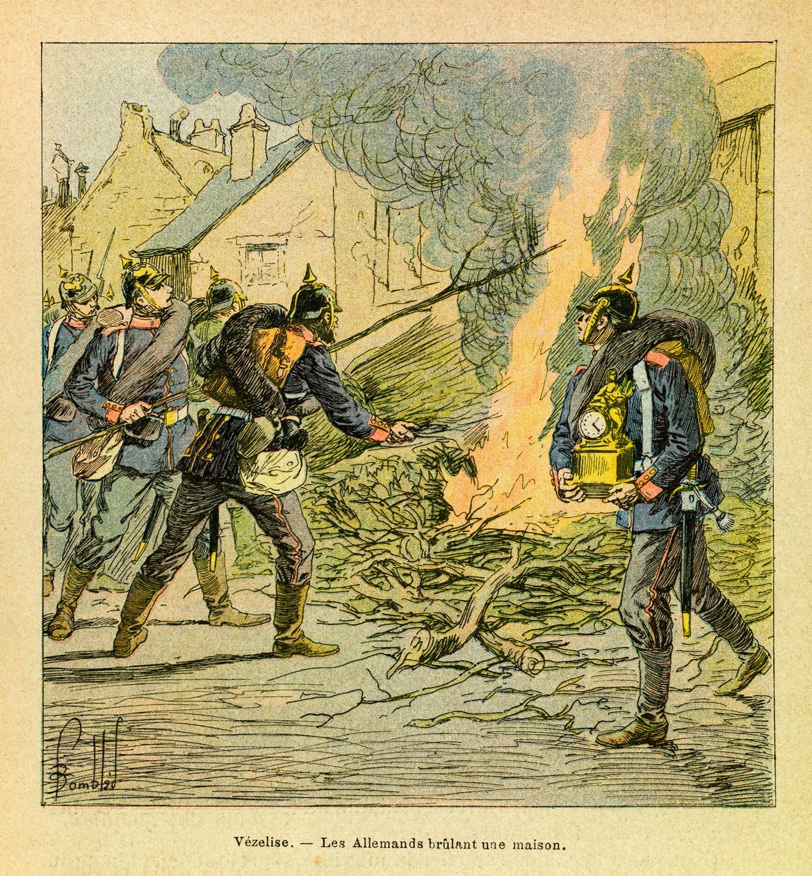 The Eastern Armee of Eugene Sergeant, känd som Grenest, illustrerad av Louis Bombled (1862-1927) (fransk-tyska kriget; kampanj 1870-1871): I Vezelise, efter att ha invaderat staden, bränner preussarna ett hus, privat samling av Louis Charles Bombled