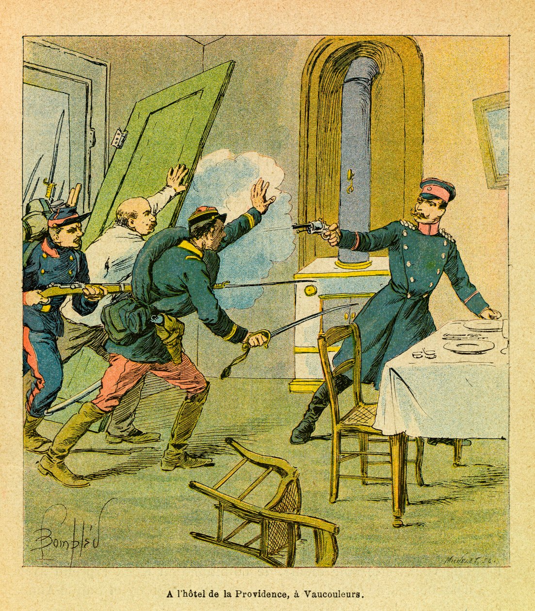 The Eastern Armee of Eugene Sergeant, känd som Grenest, illustrerad av Louis Bombled (1862-1927) (fransk-tyska kriget; kampanj 1870 -1871): En preussisk officer som togs till fånga av franska motiv i Vaucouleurs, privatsamling av Louis Charles Bombled
