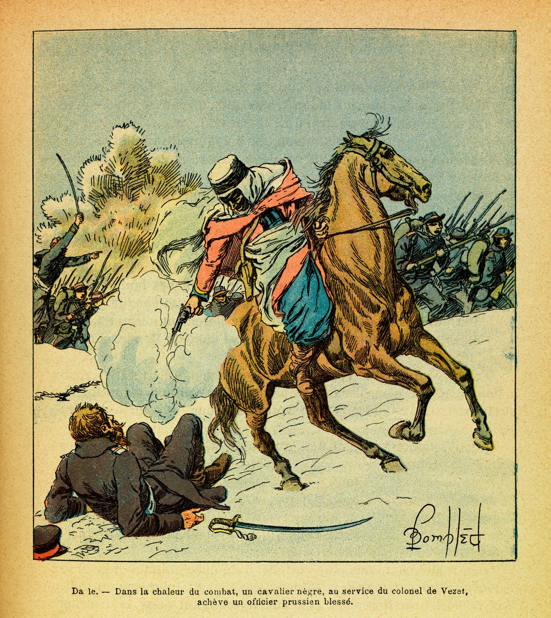 The Eastern Armee of Eugene Sergeant, känd som Grenest, illustrerad av Louis Bombled (1862-1927) (fransk-tyska kriget; kampanj 1870 -1871): Januari 1871, en svart ryttare i tjänst av överste De Vezet fullbordar en preussisk officer sårad, Samling Pa av Louis Charles Bombled