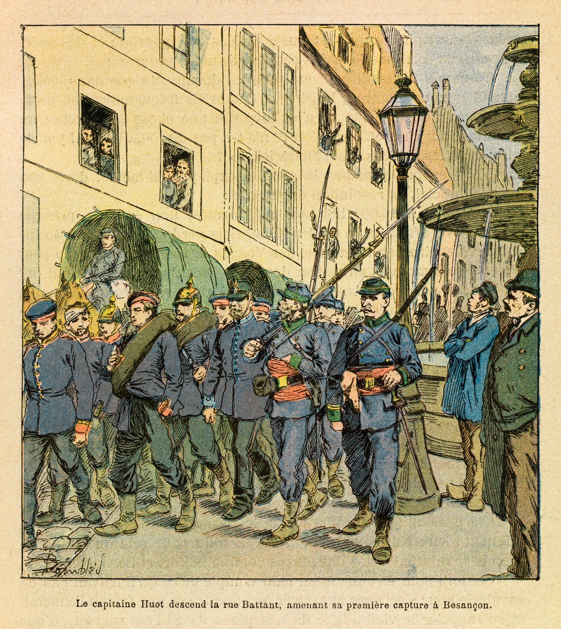 The Eastern Armee of Eugene Sergeant, känd som Grenest, illustrerad av Louis Bombled (1862-1927) (fransk-tyska kriget; kampanj 1870-1871): Kapten Huot går ner till Rue Battant i Besancon med preussiska fångar som fångades i Bethoncourt les Brotte i oktober av Louis Charles Bombled
